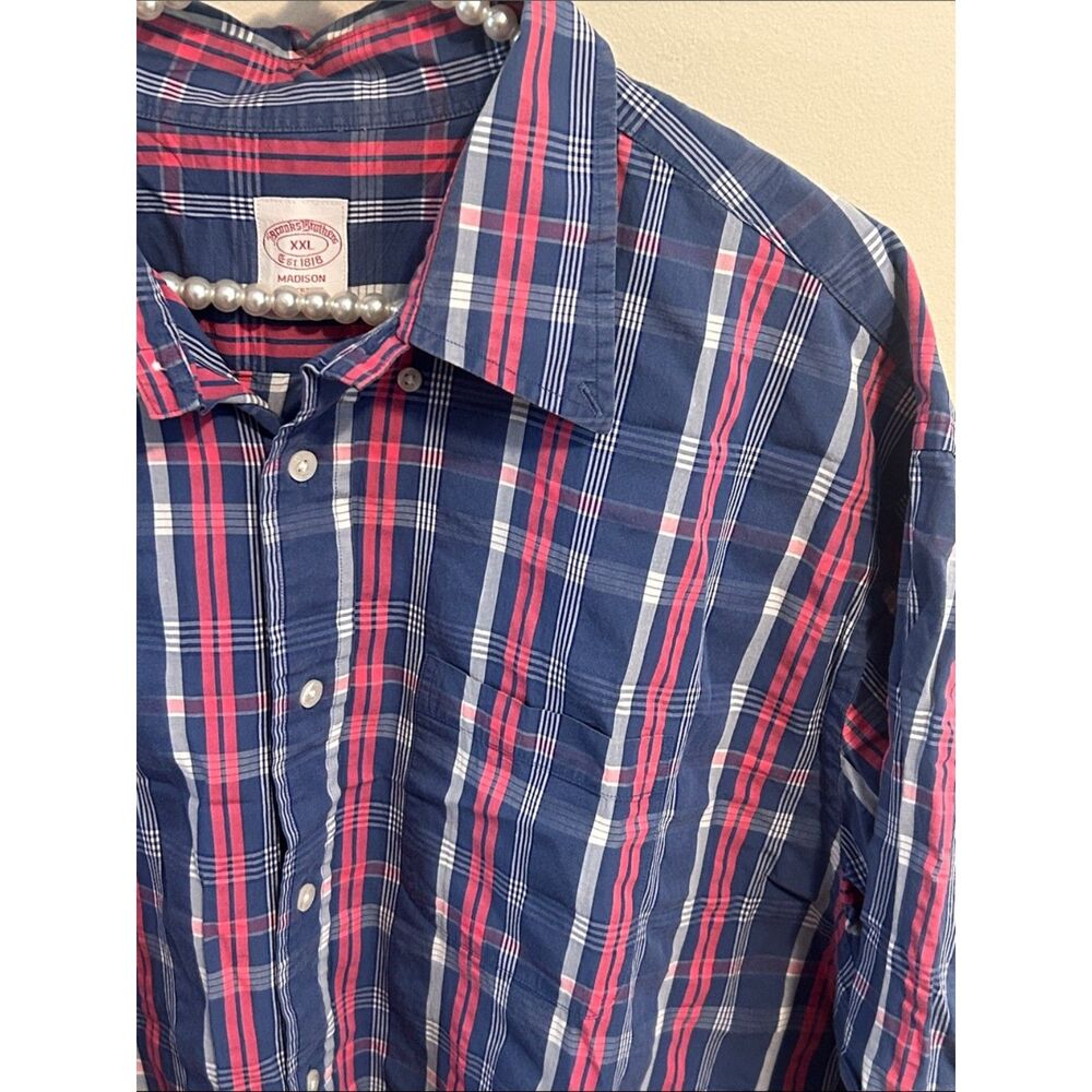 Brooks Brothers Mens Shirt XXL Madison Blue Pink Plaid Cotton Button ShortSleeve